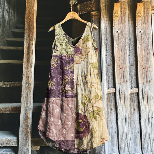 Vintage Purple Floral Patchwork Art Linen Tank Dress artswardrobe