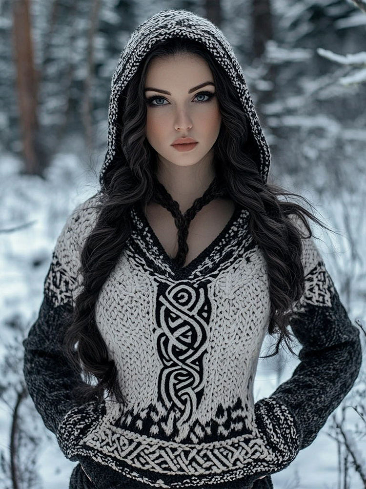 Women's Celtic Knot Jacquard Cozy Knit Hooded Sweater artswardrobe