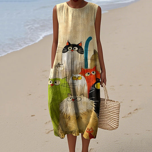Women's Vintage Colorful Cat Art Print Sleeveless Dress elevenforest