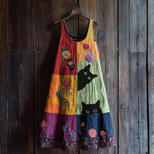 Comstylish Vintage Abstract Creative Cute Black Cat With Floral Patchwork Art Linen Tank Dress