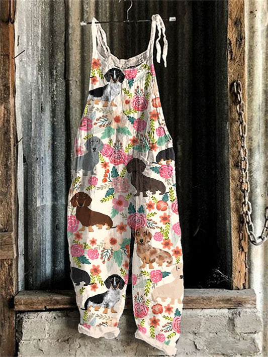 Comstylish Dachshund Dog & Floral Pattern Linen Blend Casual Jumpsuit