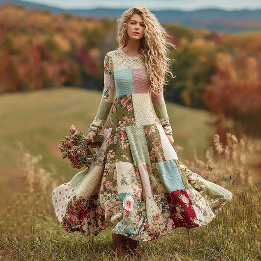 Comstylish Women's Vintage Floral Patchwork Art Cozy Knit Maxi Sweater Dress