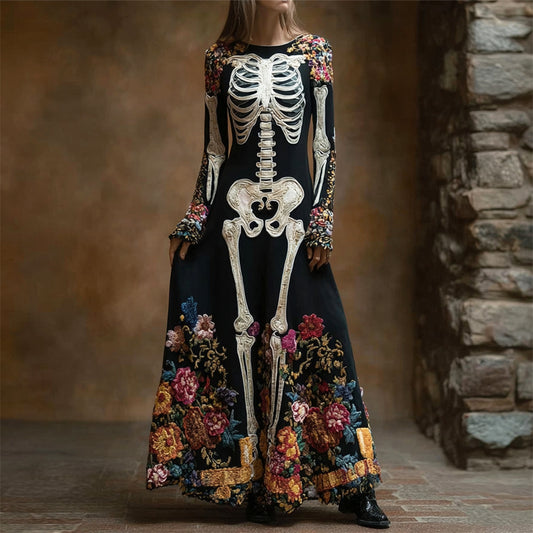 Comstylish Human Skeleton Floral Embroidery Women's Long-sleeved Flowing Maxi Dress