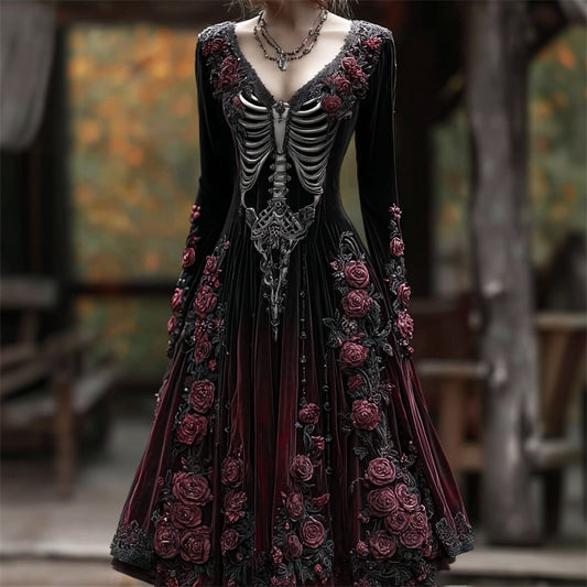 Comstylish Vintage Elegant Skeleton Roses Beaded Gradient Velvet Maxi Dress