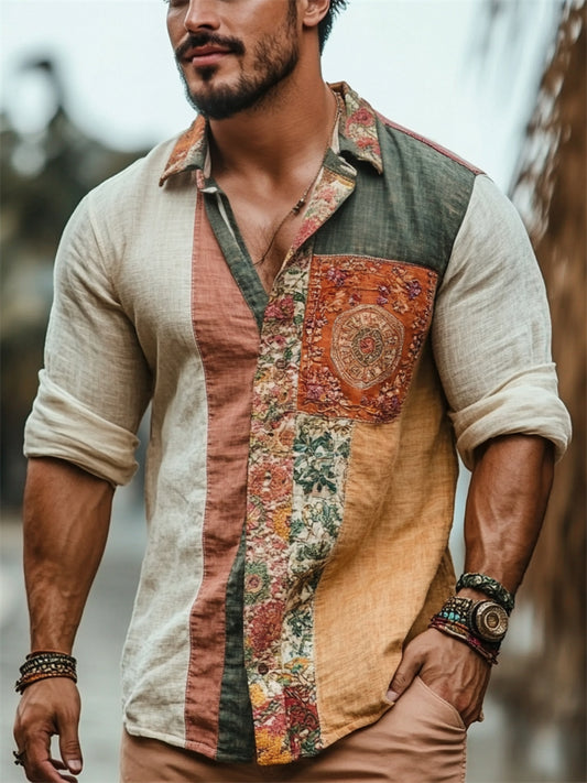 Men's Boho Contrast Patchwork Linen Shirt artswardrobe