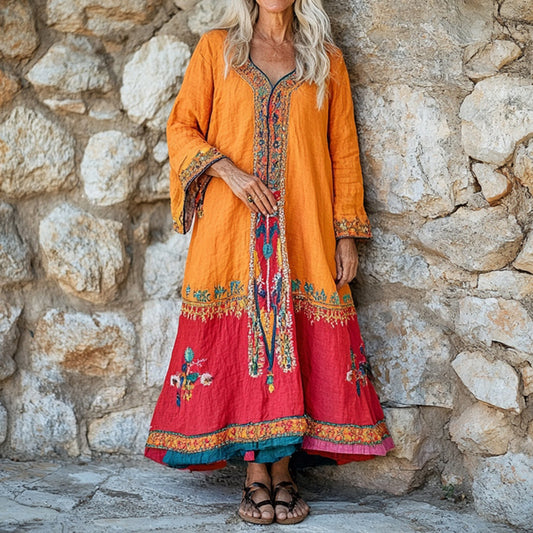 Women's Flower Embroidery Ethnic Print V-neck Loose Midi Dress artswardrobe