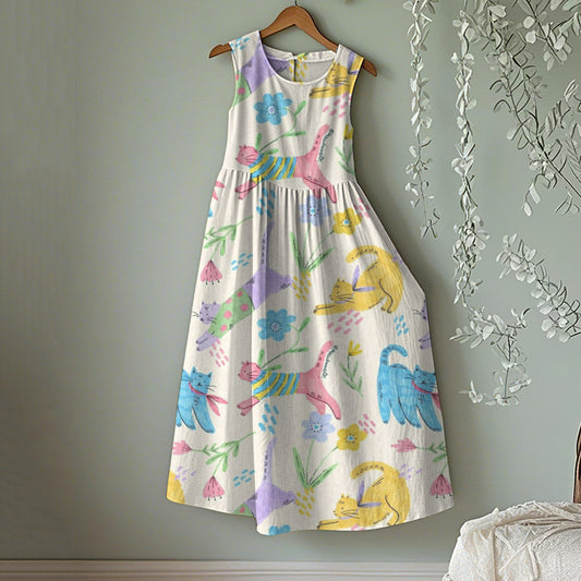 Vintage Cute Cat Floral Art Linen Tank Midi Dress artswardrobe