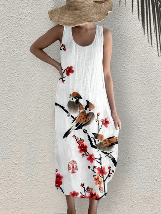 Comstylish Cute Birds& Plum Blossom Linen Blend Midi Dress