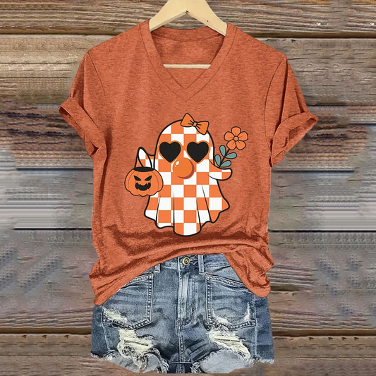 Thanksgiving Autumn Cute Ghost Pumpkin Painting V-Neck T-Shirt artswardrobe