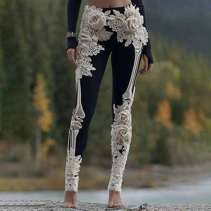 Vintage Halloween Skeleton Bones With Rose Art Cozy Knit Leggings artswardrobe