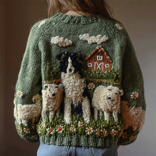 Comstylish Vintage Border Collie & Sheep Fleece Ranch Knit Cardigan
