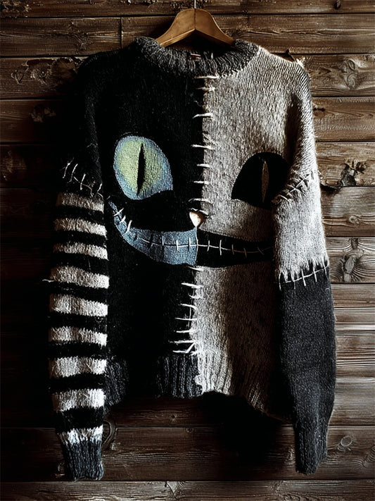 Comstylish Halloween Spooky Smiling Cat Face Contrast Stitched Knit Sweater