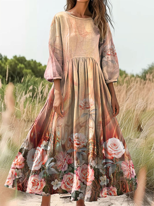 Women's Floral Print Flowy Crew Neck Pocket Cotton Dress