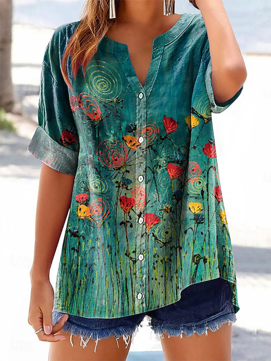 Women's Floral Pattern Art Print Casual Cotton Linen Short Sleeve Shir