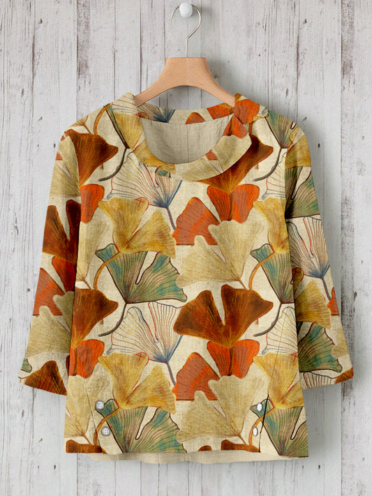 Comstylish Ginkgo Leafs Pattern Linen Blend Cozy Shirt