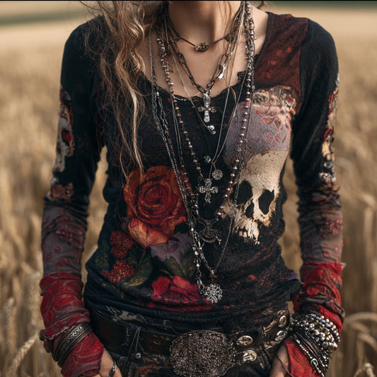 Comstylish Women's Flower-skull Long-sleeved Black Vintage Top