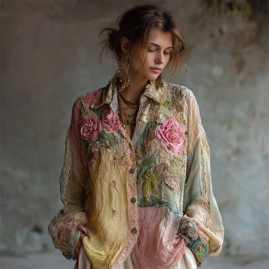 Boho Pink Roses Embroidered Colorblock Lace Stitched Linen Blouse artswardrobe
