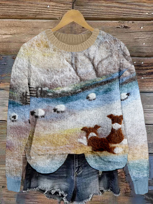 Comstylish Border Collie & Sheep Landscape Felt Art Cozy Sweater