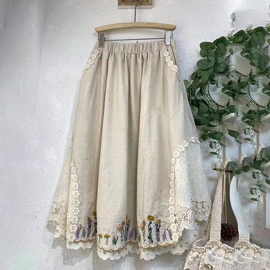 Women's Elegant Lace Flowers Embroidery Art Linen Blend Skirt artswardrobe