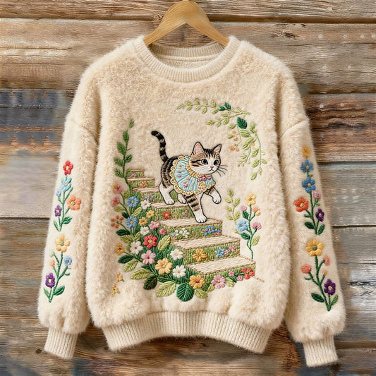 Cute Cat Walking On A Staircase Covered With Flowers Art Women's Cozy Plush Sweater