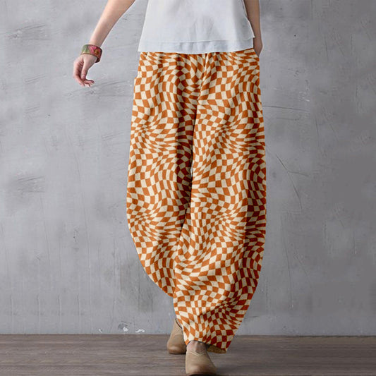 Comstylish Wavy Checkerboard Pattern Linen Blend Comfy Pants