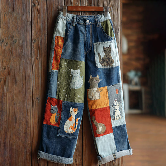 Comstylish Vintage Patchwork Cute Cat Print Contrast Jeans