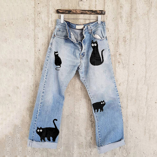 Comstylish Retro Cute Black Cat Abstract Art Design Jeans