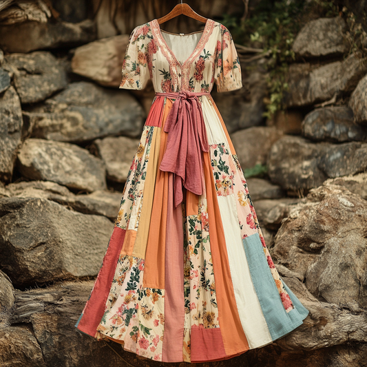 Women's Vintage Floral Patchwork Short Sleeve Dress