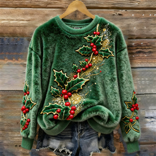Comstylish Christmas Holly Embroidered Art Women's Cozy Plush Sweater
