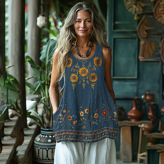 Retro Sunflower Ethnic Art Embroidered Linen Tank Top artswardrobe