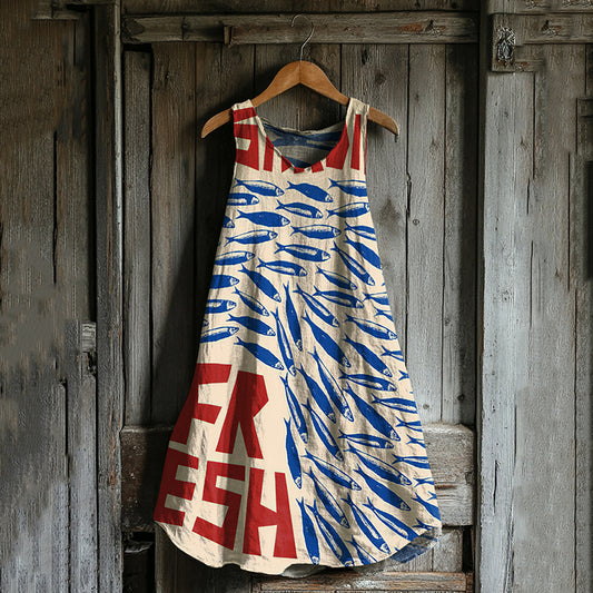 Comstylish Japanese Sardines Art Linen Tank Dress