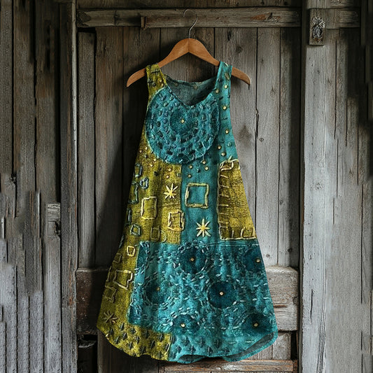 Abstract Creative  Patchwork Art Linen Blend Tank Dress artswardrobe