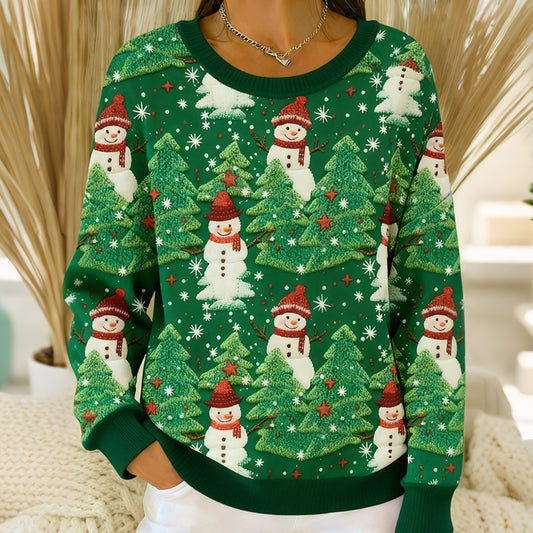 Comstylish Women's Christmas Snowman Christmas Tree Print Crew Neck Sweatshirt