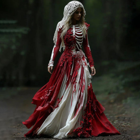 Comstylish Halloween Skeleton Red Roses Art Linen Maxi Dress