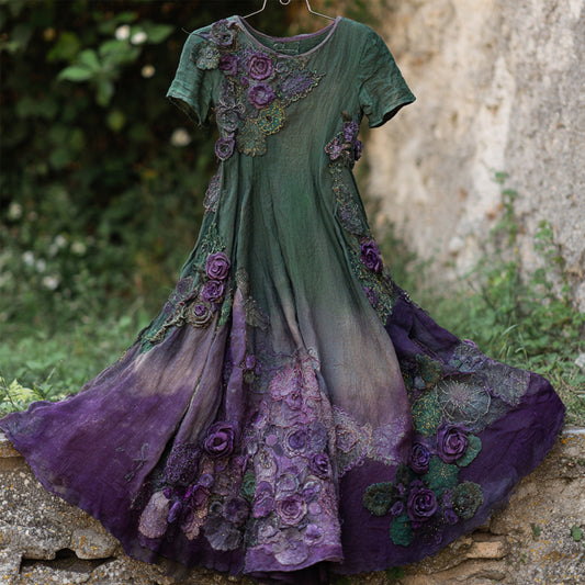 Vintage Purple Roses Embroidered Gradient Flowy Linen Maxi Dress artswardrobe