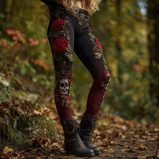 Women's Vintage Skull And Rose Pattern Comfortable Leggings artswardrobe