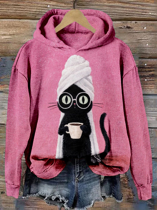 Comstylish Silly Black Cat Coffe Art Vintage Cozy Hoodie