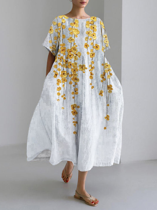 Comstylish Gold Floral Embossed Art Print Linen Blend Maxi Dress