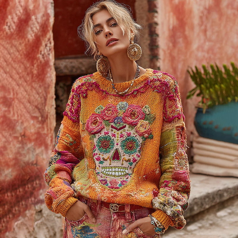 Women's Classic Mexican Sugar Skeleton Catrina Day Of The Dead Inspired Painting Embroidered Art Cozy Knitted Sweater artswardrobe