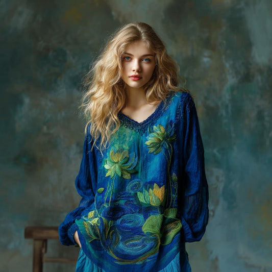 Women's Vintage Lotus Floral Landscape Art Embroidery V-neck T-shirt artswardrobe