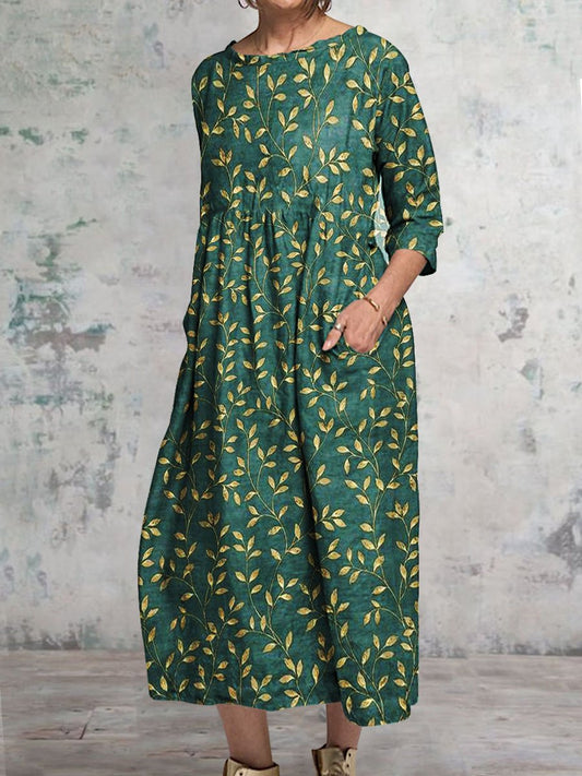 Women's Classic Floral Pattern Round Neck Cotton And Linen Dress With Pockets