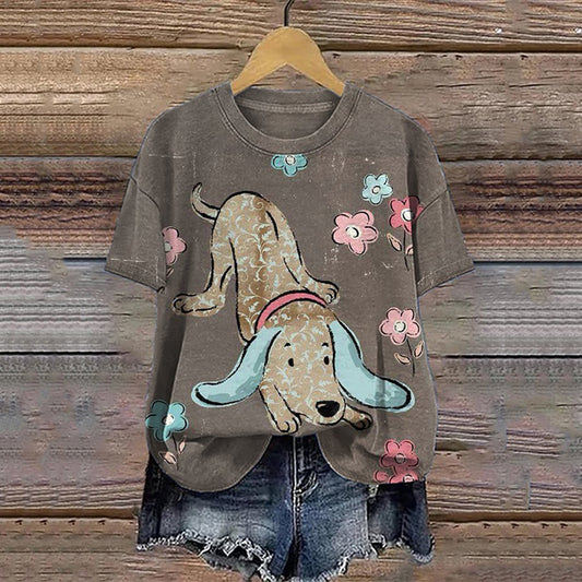 Comstylish Women's Cute Dog Print Round Neck T-Shirt