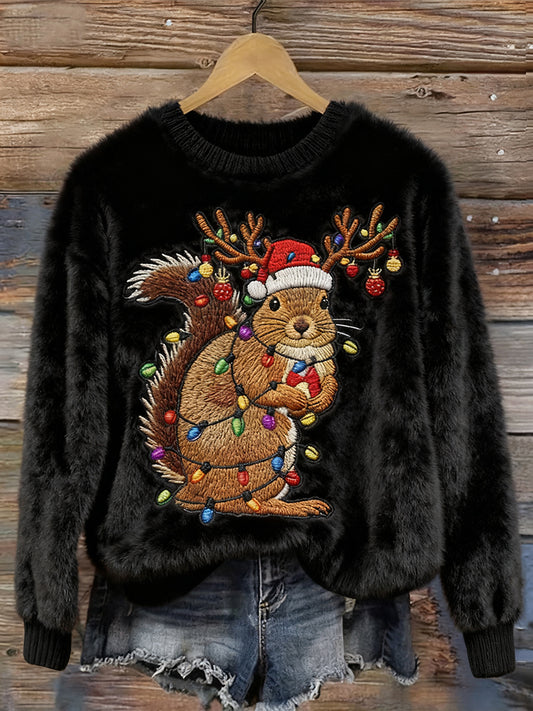 Funny Christmas Squirrel Lights Embroidered Plush Sweater