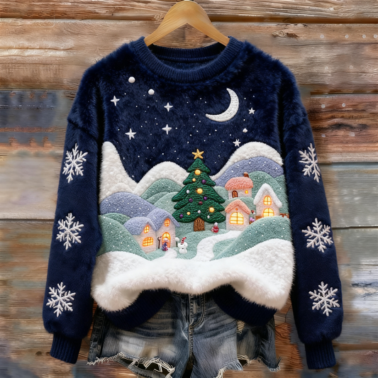 Women's Christmas Snow Scene Embroidered Art Cozy Plush Sweater