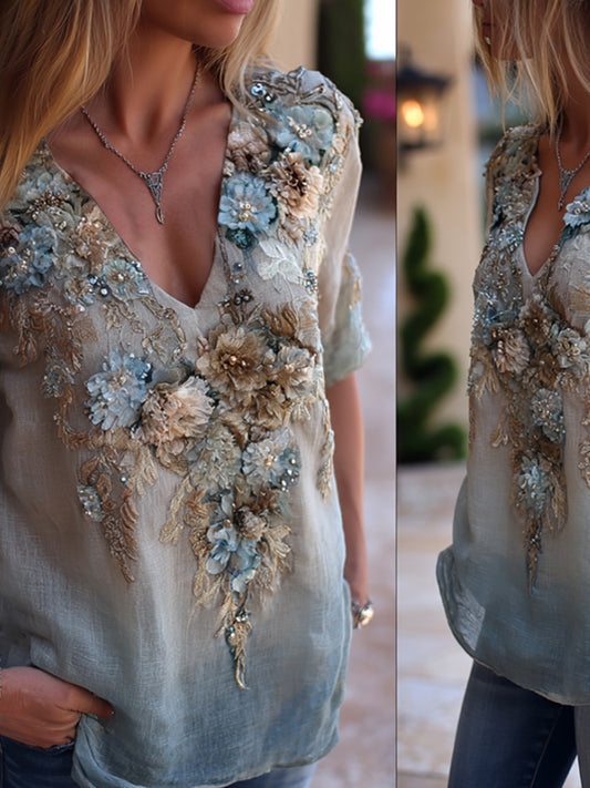 Bohemian Sky Blue Romantic Tie-dye Floral V-neck Short-sleeved Shirt artswardrobe