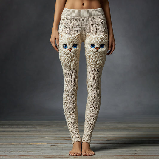 Women's Cute Cat Face Embroidered Cozy Casual Leggings elevenforest