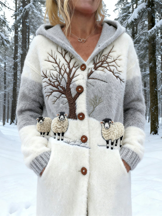 Sheep Snow Scene Forest Women's Knit Hooded Cardigan artswardrobe