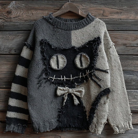 Comstylish Halloween Black Cat Striped Knit Crew Neck Sweater