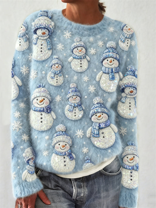 Comstylish Christmas Lovely Snowmen Snowflakes Embroidered Cozy Sweater