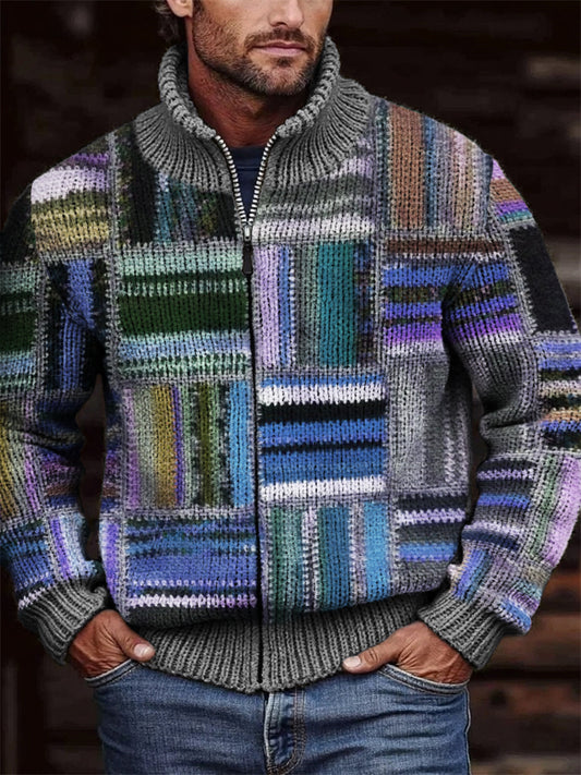 Men's Retro Colorblock Patchwork Cozy Full Zip Cardigan elevenforest